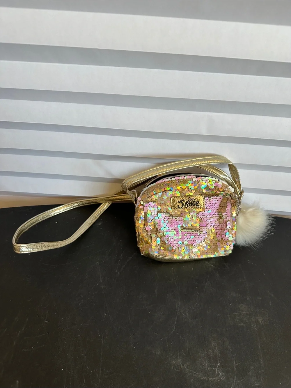 Justice Girls Pink Gold Reverse Sequin Flip Purse Crossbody Bag Sparkle